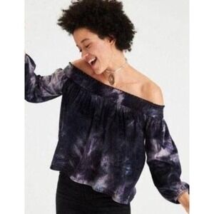 American Eagle Outfitters Off Shoulder Top Velvet Tie Dye Cropped Purple Blue S